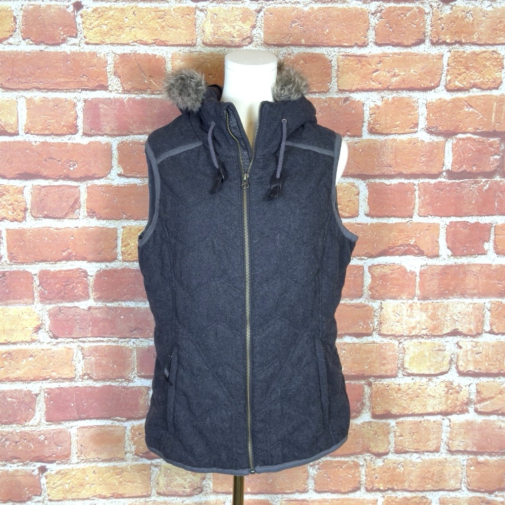 Prana Wool Blend Quilted Vest Lined Hooded Parka Women's Gray Size Medium